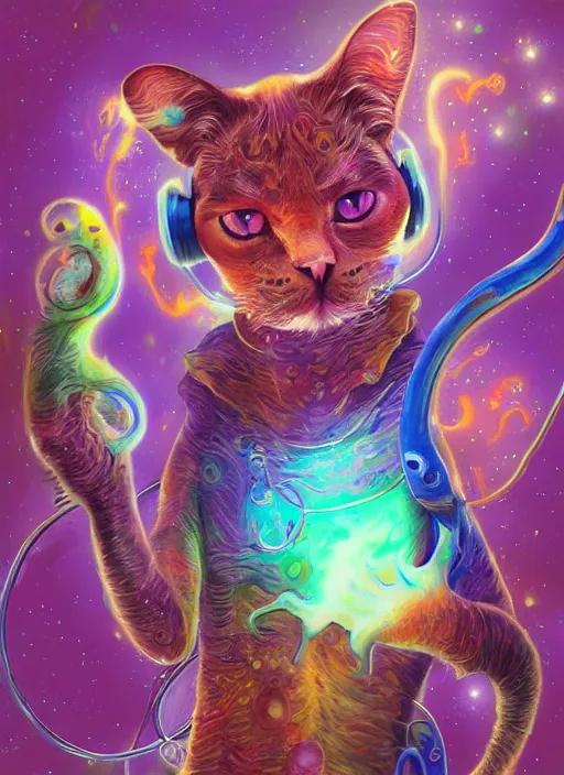 Prompt: cat seahorse fursona wearing headphones, autistic bisexual graphic designer, attractive androgynous humanoid standing on a platform, coherent detailed character design, weirdcore voidpunk digital art by delphin enjolras, wlop, louis wain, furaffinity, cgsociety, trending on deviantart