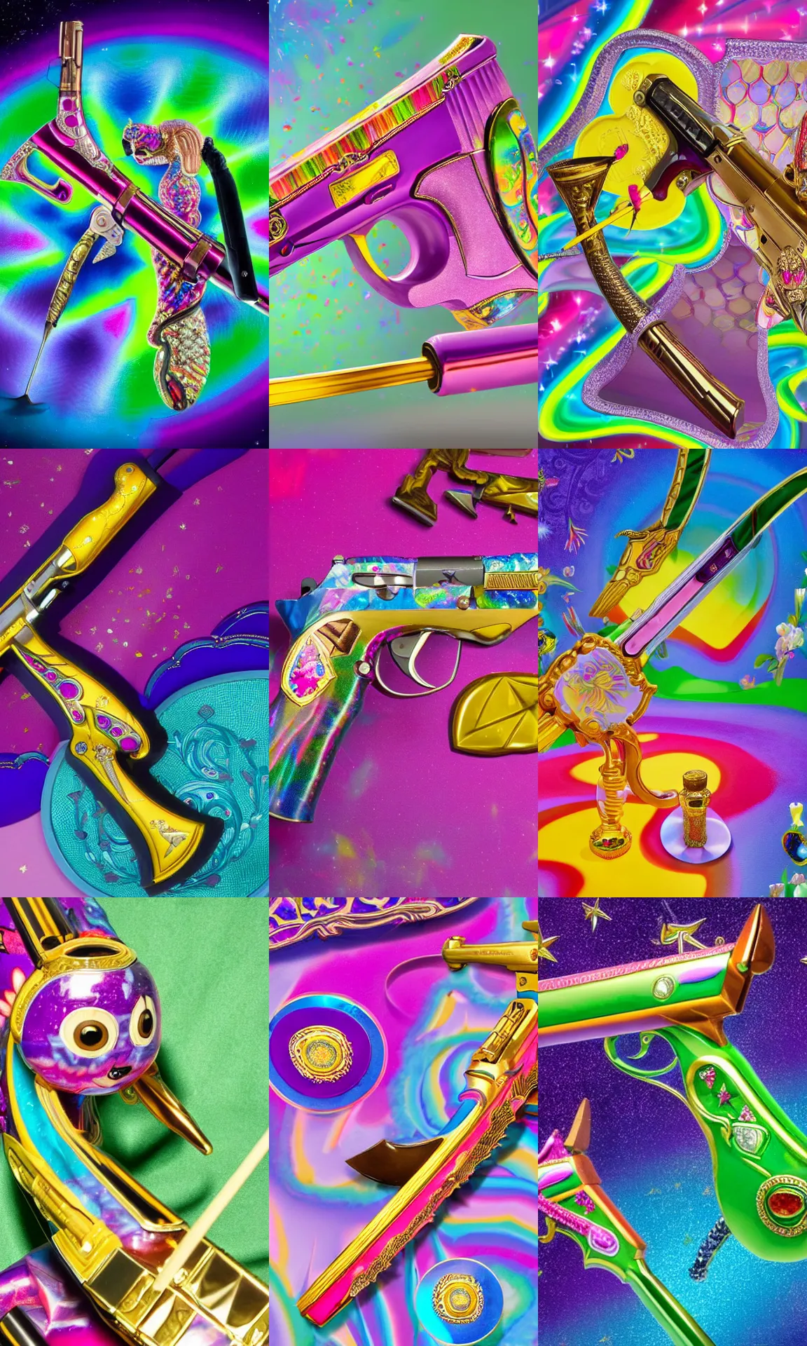Prompt: legendary ranged weapon designed by Lisa Frank in collaboration with The House of Fabergé, high resolution auction photo