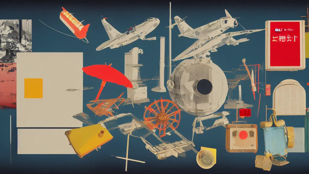 Image similar to an arrangement of traveller explorer props, japan, a collage painting, in the style of wes anderson, lola dupre, david hockney, isolated on negative white space background dark monochrome neon spraypaint accents volumetric octane render