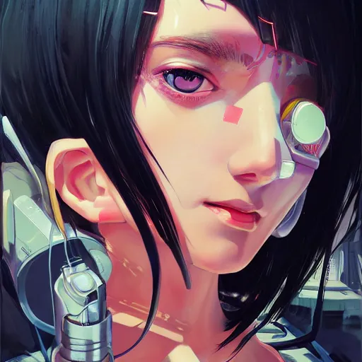 Image similar to A comic potrait of a cyberpunk cyborg girl with big and cute eyes, fine-face, realistic shaded perfect face, fine details. Night setting. Very anime style. Realistic shaded lighting poster by Ilya Kuvshinov katsuhiro, magali villeneuve, artgerm, Jeremy Lipkin and Michael Garmash, Rob Rey and Kentarõ Miura style, trending on art station