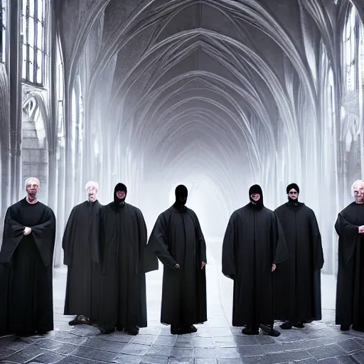 Image similar to a detailed matte painting of a group of 7 senior priests in black robes with their hood up and pitch black eyes, concept art, evil cathedral, incense smoke drifting through the air, portrait, artstation, volumetric lighting, exquisite detail, octane render, 8 k postprocessing