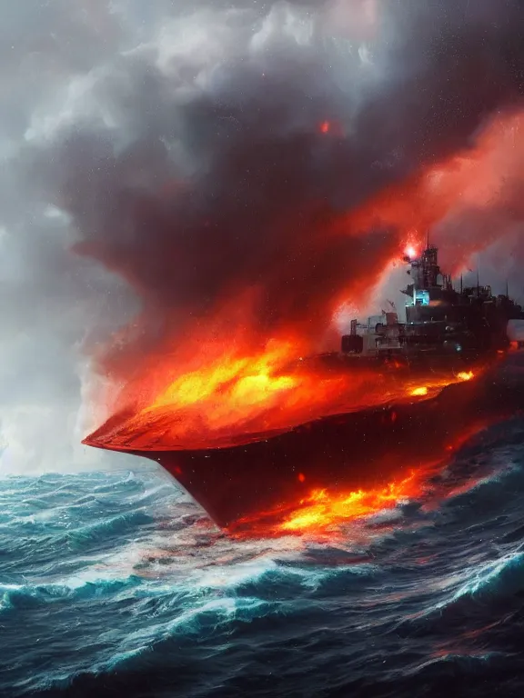 Prompt: photo of 8k ultra realistic burning battleship at sea, heavy storm, rain, large waves, full of colour, cinematic lighting, battered, trending on artstation, 4k, hyperrealistic, focused, extreme details,unreal engine 5, cinematic, masterpiece, art by Peter Mohrbacher