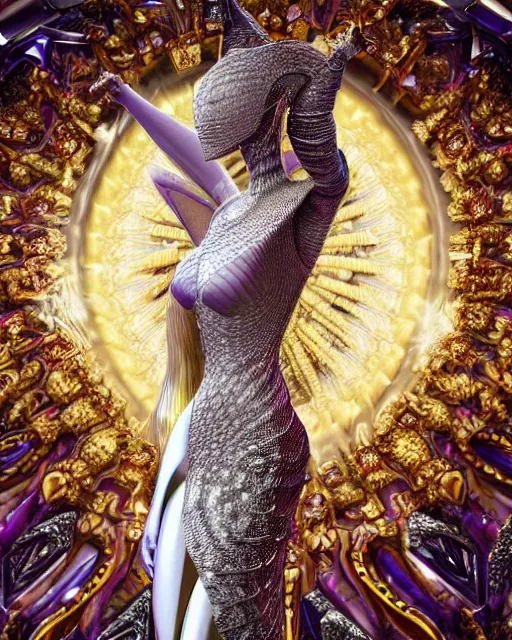 Prompt: a highly detailed metahuman 4 k close up render of an alien goddess bella hadid monument knight in iris van herpen dress schiaparelli in diamonds crystals swarovski and jewelry iridescent in style of alphonse mucha gustav klimt trending on artstation made in unreal engine 4