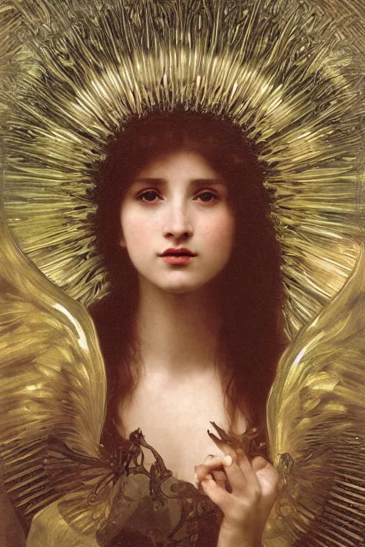 Image similar to hyperrealist highly detailed english medieval portrait of high fashion archangel wrapped in ferrofluid liquid, Art by William Adolphe Bouguereau,, Art by William Adolphe Bouguereau,, by Annie Swynnerton and Tino Rodriguez and Maxfield Parrish, elaborately costumed, rich color, dramatic cinematic lighting, extremely detailed, radiating atomic neon corals, concept art pascal blanche dramatic studio lighting 8k wide angle shallow depth of field, Art by William Adolphe Bouguereau, extreme detailed and hyperrealistic