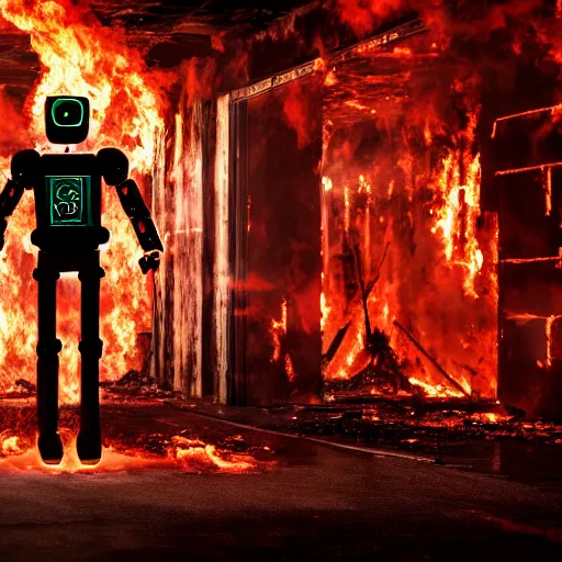 Prompt: cinematic shot of a tall all-black metallic humanoid robot with glowing red eyes holding a machine gun and walking through the burning ruins of a luxury casino filled with smoke, 8k, dslr, epic, dramatic,