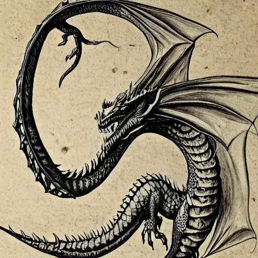 Image similar to anatomical drawing of dragon, davinci style, medical drawing, blueprint, schematic, old