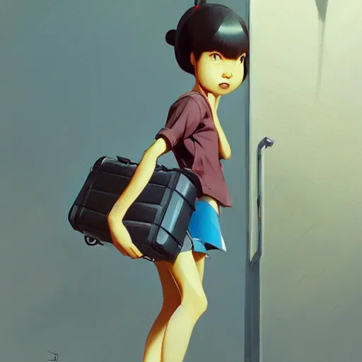 Image similar to goro fujita ilustration heerful girl taking the suitcases out of her house, characterized by masamune shirow, by greg rutkowski., character art, sharp focus, highly detailed, artstation