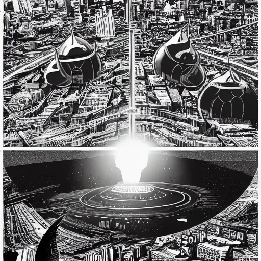 Image similar to black hole rising above city, city destroyed by shockwave, black hole with accretion disс, digital art, vector logo, sticker, black and white, art by stefan koidl, brock hofer, marc simonetti