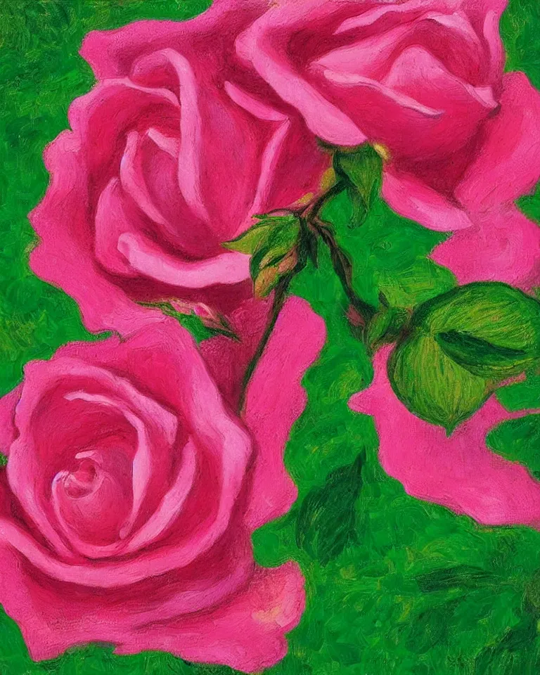 Prompt: achingly beautiful extreme close up painting of blooming pink rose on green background by rene magritte, monet, and turner. piranesi. macro lens.