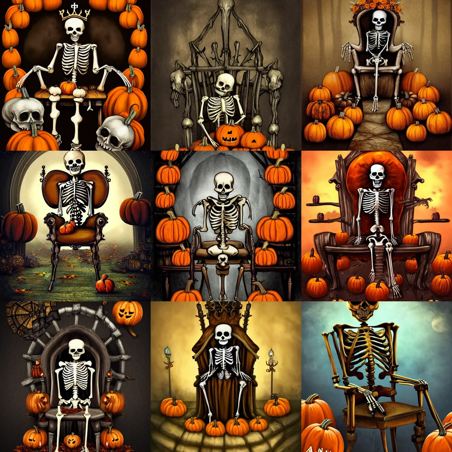 Image similar to a skeleton in a crown sitting on a chair surrounded by pumpkins, a storybook illustration by anne stokes, featured on deviantart, gothic art, behance hd, creepypasta, 2 d game art