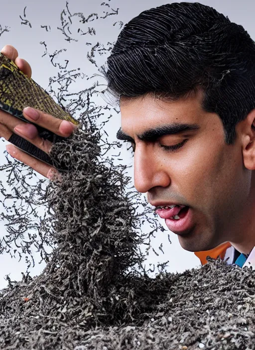 Image similar to A photograph of Rishi Sunak destroying the bible in a shredder, realistic, detailed