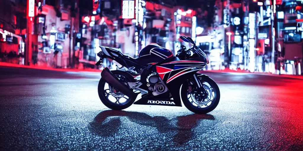 Prompt: Honda CBR600rr with blood vinyil in the middle of a road on the night Tokyo, blue color grading, cinematic color grading , unreal 5, hyperrealistic, realistic, photorealistic, dynamic lighting, highly detailed, cinematic landscape, studio landscape, studio lighting