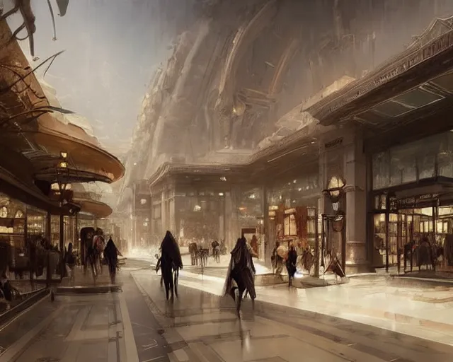 Image similar to a mall in the style of golden age persian empire, art by greg rutkowski and artgerma, stunning concept art, interior design architecture