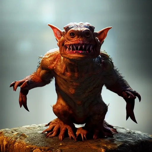 Image similar to full body pose, hyperrealistic photograph of a cute goblin monster, dim volumetric lighting, 8 k, octane beautifully detailed render, extremely hyper detailed, intricate, epic composition, cinematic lighting, masterpiece, trending on artstation, very very detailed, stunning, hdr, smooth, sharp focus, high resolution, award, winning photo, dslr, 5 0 mm