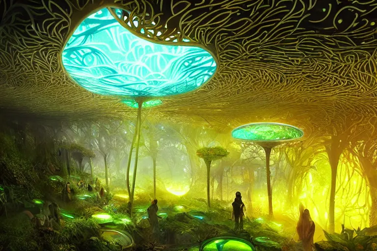 Image similar to futuristic foliage overgrowing favela bioluminescence fungus hive, art nouveau environment, award winning art, epic dreamlike fantasy landscape, ultra realistic,