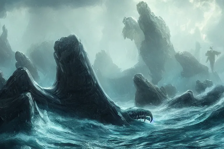 Image similar to Scylla and Charybdis, The Argo, Ancient Greek Trireme, Plows through storm tossed ocean waves, enormous Krakens, threaten from a rocky caves, the air is alive with rain lighting and fear by Jessica Rossier and HR Giger cinematic concept painting