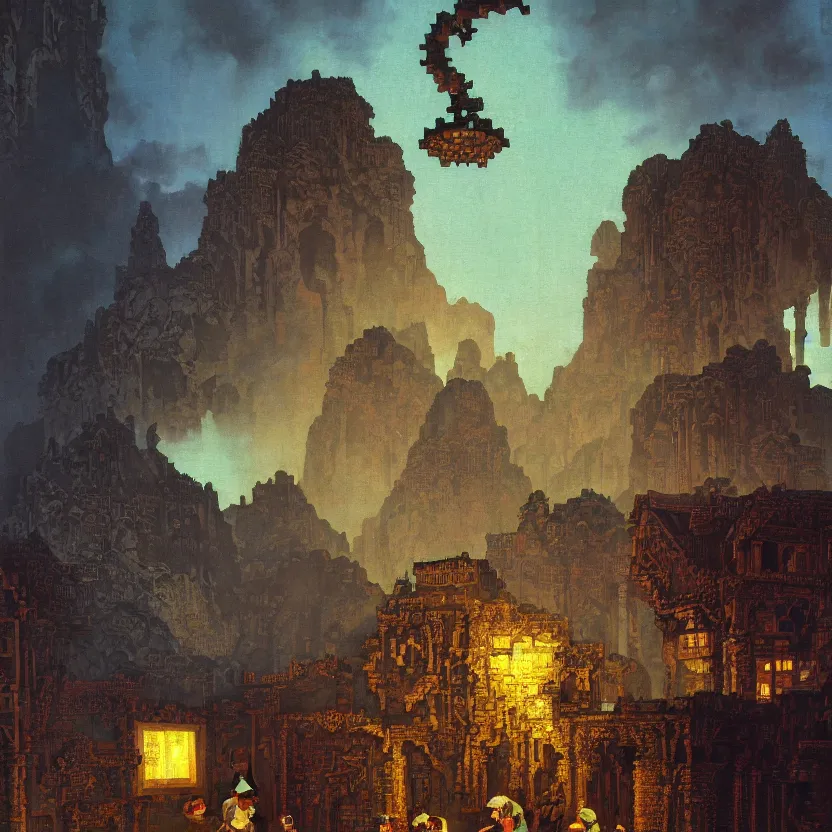 Prompt: a baroque neoclassicist close - up painting of minecraft. reflective detailed textures. glowing colorful fog, black background. highly detailed fantasy science fiction painting by moebius, norman rockwell, frank frazetta, and syd mead. rich colors, high contrast. artstation