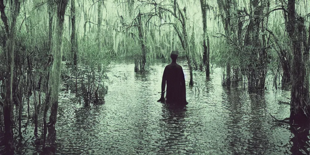 Prompt: A monster walking alongside a channel of water in a dense swamp, Kodachrome color film, grainy, film grain