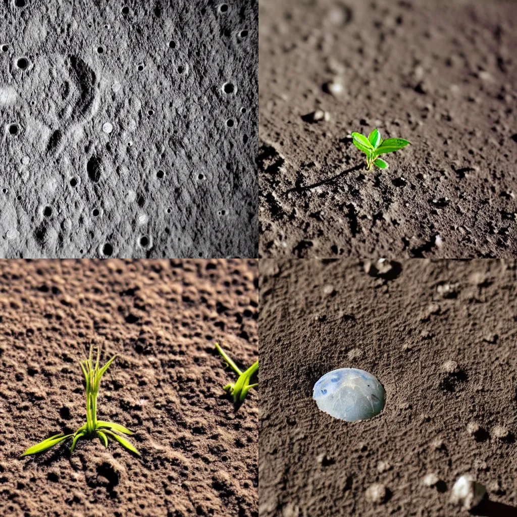 Prompt: plant sprouting on the moon soil, close up macro photography, earth in the background