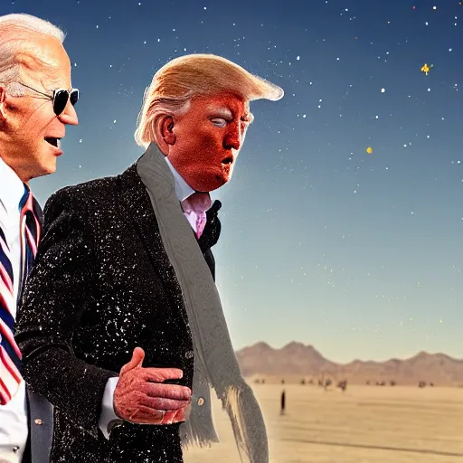 Image similar to a highly very very detailed photo of Joe Biden with attending Burning Man on the Playa with an Anarcho-primitivist Donald Trump survivalist covered in body glitter, very very detailed, photorealism, Photoshop, very coherent, HD