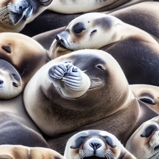 Image similar to a picture of a tall stack of fat baikal seals sleeping, facing camera, from tiktok, 4k ultra hd, realistic