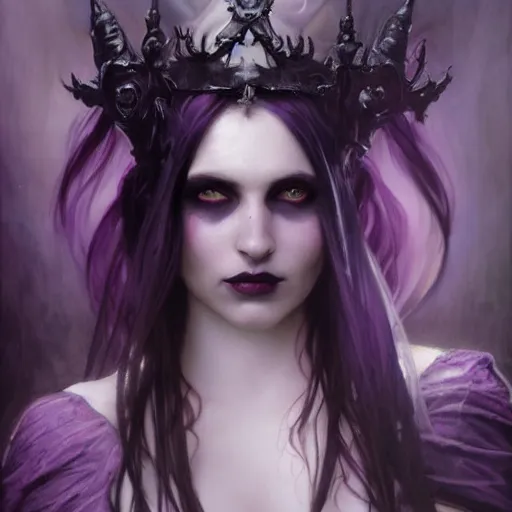 Image similar to dark goth queen with purple eyes, by jeremy mann and alphonse mucha, fantasy art, photo realistic, dynamic lighting, artstation, poster, volumetric lighting, very detailed faces, purple eyes, 4 k, award winning dark, goth, queen, dark fantasy, purple, hyperrealistic portrait, art of elysium, full figure, very detailed face,