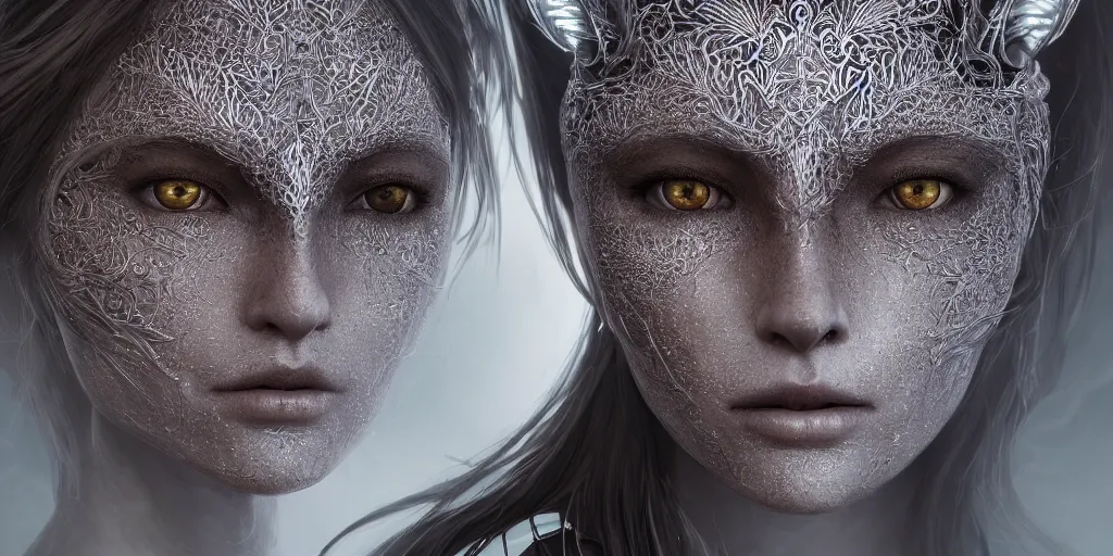 Image similar to ! dream hyperrealistic photography of stunningly beautiful female cyborg, glowing eyes, highly detailed intricate filigree, in the style of beth cavener, jin kagetsu, wlop,, symmetry, masterpiece, concept art, highkey lighting, ambient lighting, hard key light, octane render, 8 k, artstation