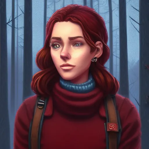Prompt: an insanely detailed realistic depiction of beautiful jodi from stardew valley standing in the rainy forest wearing burgundy sweater under blue denim jacket, auburn hair, pretty brown eyes, in the style of peter mohrbacher, artgerm, dramatic lighting and composition, octane render, trending on artstation, concept art 8 k