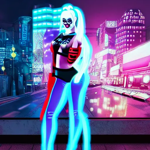 Prompt: harley quinn standing, cyberpunk setting, soft smile, city background, neon signs, nice view, holographic signs, 4k, digital art