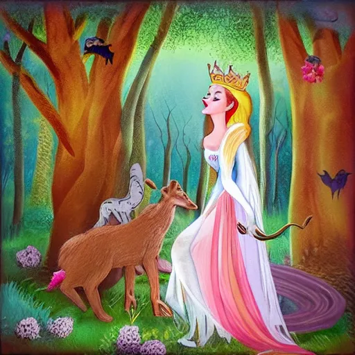 Image similar to A beautiful body art of Princess Aurora singing in the woods while surrounded by animals. She looks so peaceful and content in the company of the animals, and the colors are simply gorgeous. by Victor Adame Minguez, by Alice Rahon