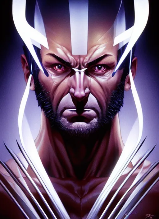 Image similar to symmetry portrait of wolverine from x - men : the animated series ( 1 9 9 2 ), glowing lights, intricate, elegant, highly detailed, digital painting, artstation, concept art, smooth, sharp focus, illustration, art by artgerm and greg rutkowski and alphonse mucha