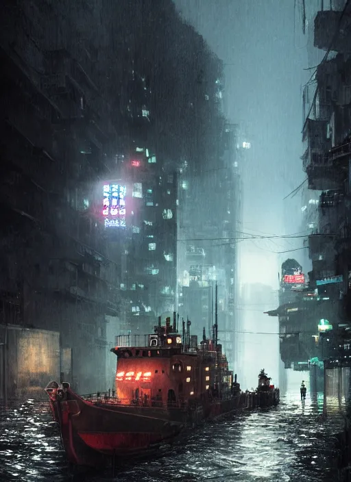 Image similar to dramatic Photorealistic, Matte Painting of a tug boat with bright head lights exploring a busy post apocalyptic deep flooded Hong Kong city street at night,dark Tall buildings by Greg Rutkowski,Craig Mullins,Hyperrealism,Beautiful dramatic moody lighting,Cinematic Atmosphere,volumetric,Octane Rendering,8K