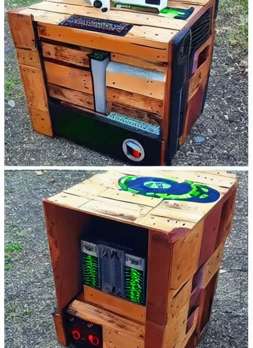 Prompt: a gaming computer made out of wood pallet