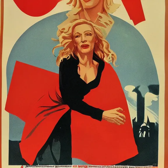 Image similar to soviet propaganda poster with cate blanchett calling on the world community to fight against Nazism, Ultra Detailed, high resolution, soviet realism