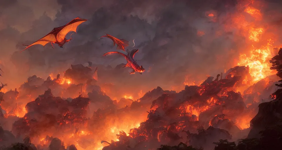 Image similar to book illustration of flying charizard dragon above the village. Burning houses dragon fire breath. Atmospheric beautiful by Eddie mendoza and Craig Mullins. volumetric lights