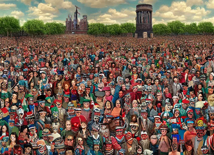 Image similar to where's waldo, creepy people, lowbrow, matte painting, 3 - d highly detailed, in the style of richard corbin