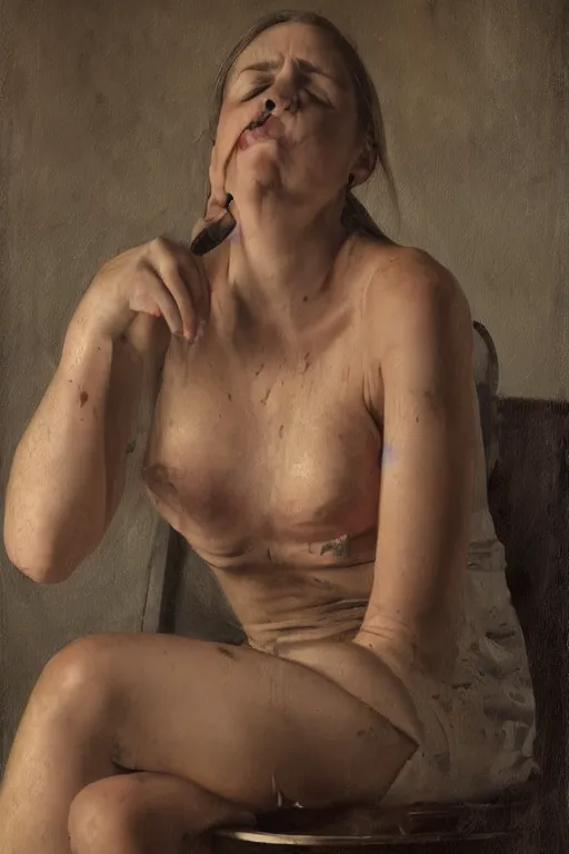 Image similar to lauren's stomach hurts after drinking too much alcohol, oil on canvas, intricate, portrait, 8 k highly professionally detailed, hdr, cgsociety