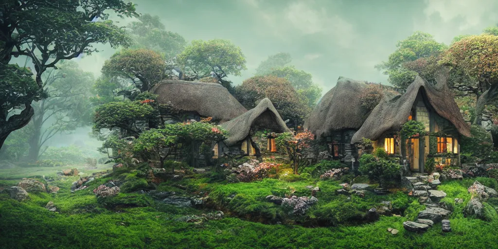 Image similar to Enchanted Irish cottage in a Bonsai garden, richly colored ominous fantasy by Tang Sin Yun, featured on artstation, 3D, digital art, insanely detailed, octane render, unreal engine