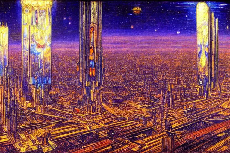 Image similar to a scifi illustration, Night City on Coruscant by william holman hunt
