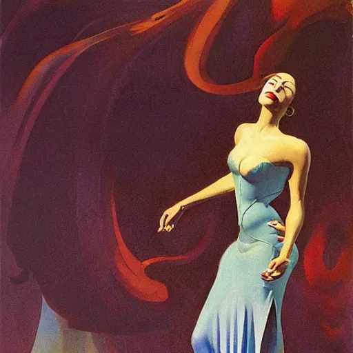 Image similar to a oil painting of a fair skin with dark curly stylised hair queen wearing dress, by hans emmenegger, by bruce pennington, by eyvind earle, by nicholas roerich, by frank frazetta, by georgia o keeffe, by dean cornwell, highly detailed, realistic, concept art, jewels, oriental, desaturated