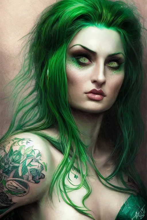 Prompt: closeup portrait shot of green hair tattooed pinup sophie turner, rogue bard, dnd, highly detailed, digital painting, artstation, concept art, soft focus, depth of field, artgerm, tomasz alen kopera, peter mohrbacher, donato giancola, wlop, boris vallejo