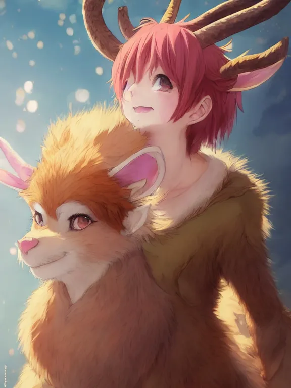 Image similar to Anime portrait of a cute smiling faun, short pink hair, golden notched horns, brown fur, fluffy tail, by Makoto Shinkai, Stanley Artgerm Lau, WLOP, Rossdraws, James Jean, Andrei Riabovitchev, Marc Simonetti, and Sakimichan