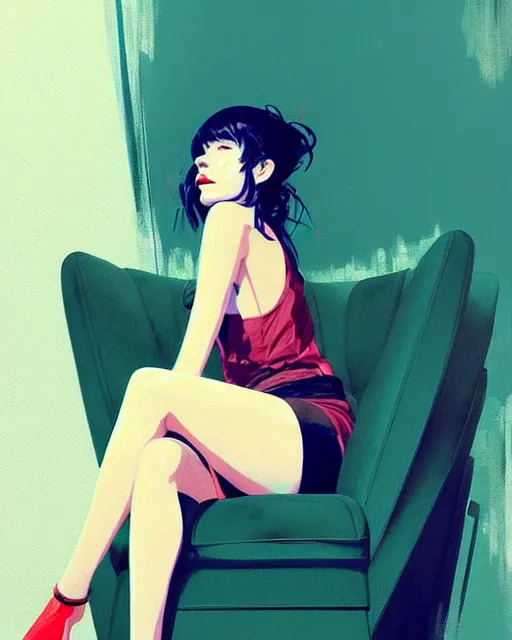 Image similar to a ultradetailed beautiful painting of a stylish woman sitting on a couch, by conrad roset, greg rutkowski and makoto shinkai trending on artstation