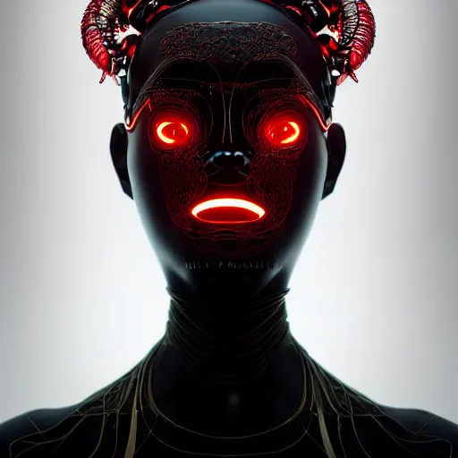 Image similar to portrait of an absurdly beautiful, graceful, sophisticated, fashionable asian cyberpunk mechanoid gravure idol, hyperdetailed illustration by irakli nadar, adut akech, matt wisniewski style, intricate linework, dark black porcelain skin, jellyfish headdress, unreal engine 5 highly rendered, global illumination, neon red light, detailed and intricate environment