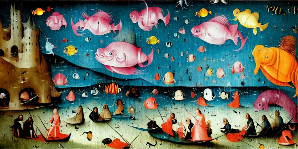 Image similar to a beautiful painting of an elaborate underwater scene painted by hieronymous bosch and lisa frank