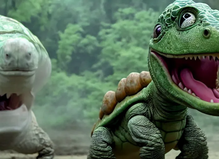 Image similar to film still of yoshi in the new sci - fi movie, cute upright dinosaur with a small turtle shell and long tongue, 8 k