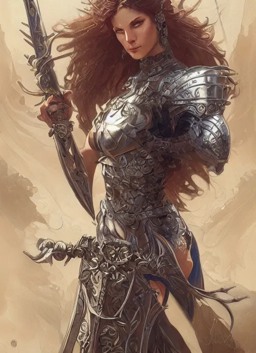 Image similar to Muscular and powerful medieval knight woman portrait, art nouveau, fantasy, intricate flower designs, elegant, highly detailed, sharp focus, art by Artgerm and Greg Rutkowski