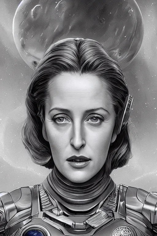 Image similar to young Gillian Anderson as a ruggedly beautiful retro SCI-FI space heroine 1985 , intricate, elegant, highly detailed, centered, digital painting, artstation, concept art, smooth, sharp focus, illustration, art by artgerm and donato giancola and Joseph Christian Leyendecker, Ross Tran, WLOP