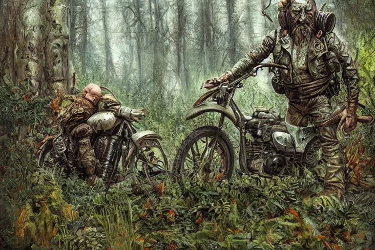 Prompt: a highly detailed garden gnome driving a forest camo motorcycle, overgrown, post apocalyptic road warrior style, wide angle, an ultrafine detailed painting by p. craig russell and barry windsor - smith, trending on deviantart, octane, masterpiece