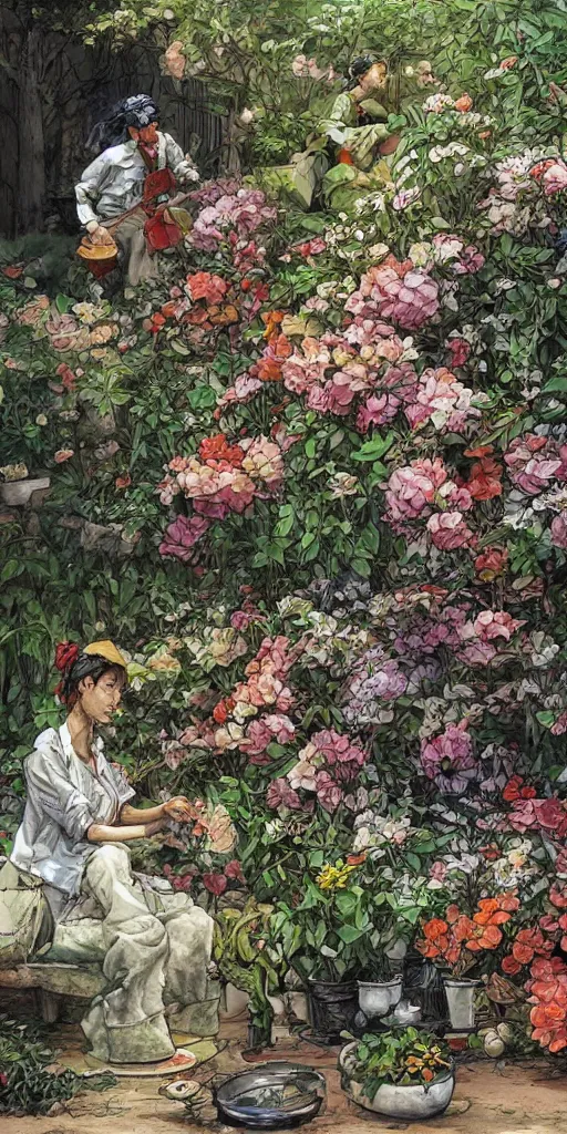 Image similar to oil painting scene from blooming gardeners by kim jung gi